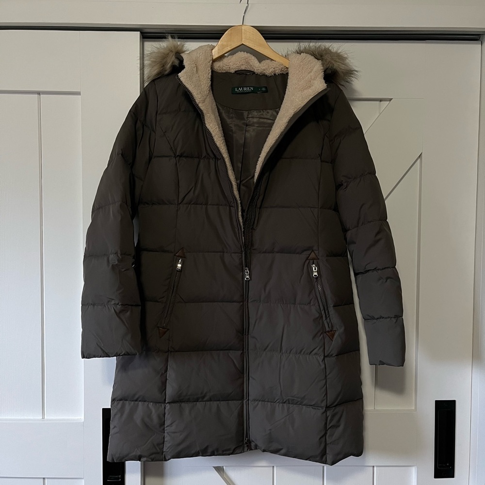 Ralph Lauren Dark Olive Green Faux Fur Hooded Down Parka Coat